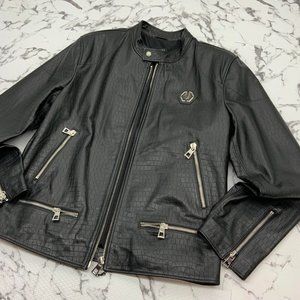 Men's Black Silver Motorcycle Lambskin Genuine Leather Jacket